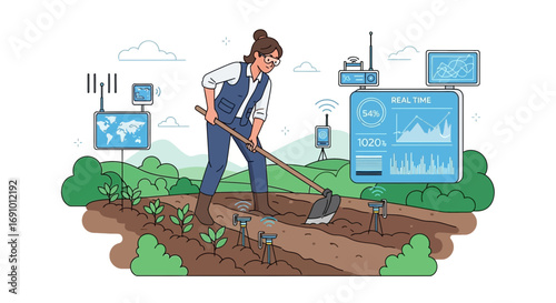 Modern female farmer using smart agriculture technology with digital monitoring systems