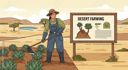 Illustration showcasing a desert farmer tending to agave plants with dry landscape