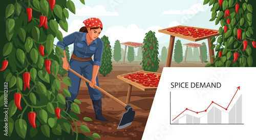 Illustration depicting a woman cultivating red chili peppers with rising spice demand