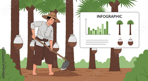 Illustration depicting a traditional farmer harvesting palm sap with infographic elements in a