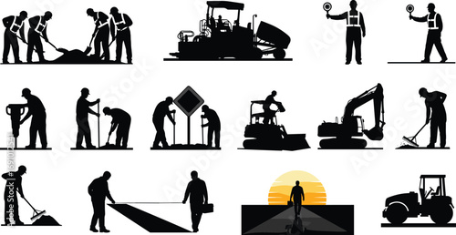 Road construction workers silhouettes, heavy machinery, paving, traffic control, manual labor, industrial work, construction equipment, teamwork, road maintenance, sunset.