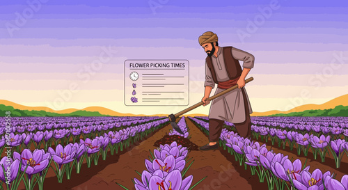 Illustration depicting a farmer cultivating saffron flowers in a vibrant field at sunrise
