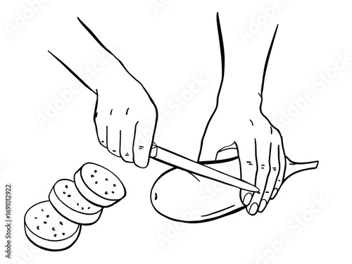 Home cooking concept. Hands cutting eggplant, cook at home, online easy food recipes, family time activity, homemade traditional meal