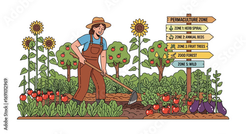 A female farmer cultivates her organic garden with fruit trees sunflowers tomatoes and vegetables