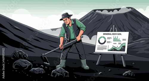 Illustration of a farmer analyzing mineral rich volcanic soil with scientific data representation