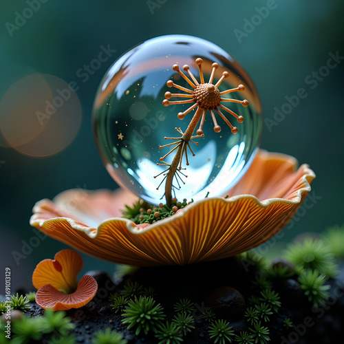 Levitating Micro-Kinetic Glass Sphere on Bioluminescent Fungus Pedestal