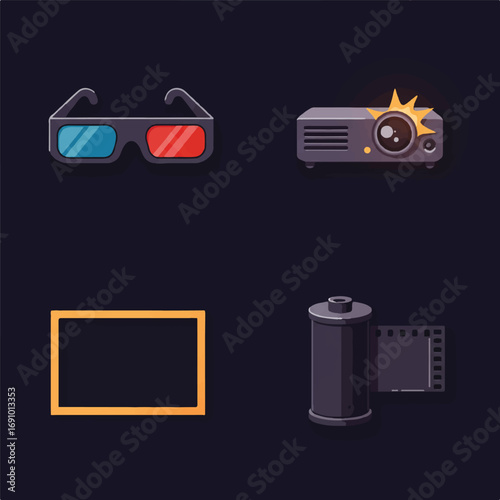 Cinematic & Film Production Flat Vector Icons - 3D Glasses, Projector, Widescreen Frame, Film Roll Symbols for Entertainment & Media