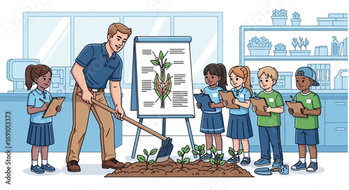 Enthusiastic teacher demonstrates plant biology to students in a classroom setting and engaging