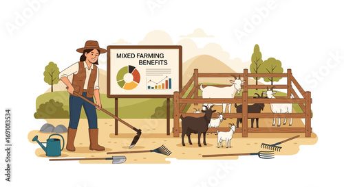 Illustration of a female farmer with goats showing mixed farming benefits concept