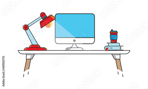 Modern workspace illustration with desktop computer, desk lamp, coffee cup, and books on a clean minimal desk setup