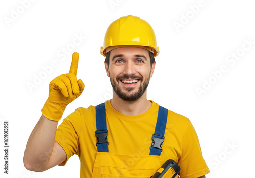 Construction worker pointing upward isolated on transparent background