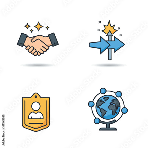 Community & Collaboration Flat Vector Icons Set - Group Creator, Network, Handshake, Teamwork, and Partnership Symbols for Digital Media & Online Platforms