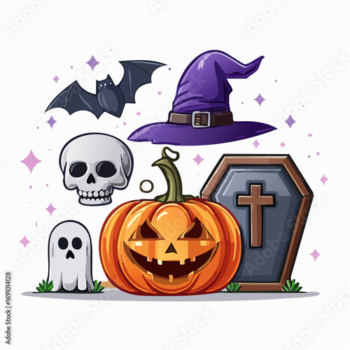 Ícones de Halloween em vetor. Chapéu de bruxa, caixão, caveira, fantasma, abóbora e morcego