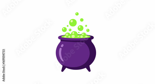 Colorful Illustration of a Traditional Magic Cauldron with Green Bubbles for Fantasy, Halloween, or Halloween Party Themes, Celebrations, Magical Spells, and Potion-Making Concepts