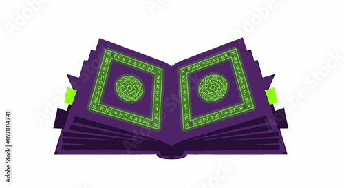 Colorful Open Magic Book Illustration with Green and Purple Ancient Symbols for Fantasy, Mythology, and Cultural Heritage Themes in Educational, Entertainment, and Creative Projects