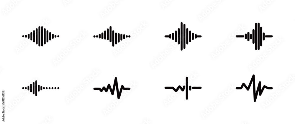 Naklejka premium Sound wave icons set. A collection of different audio waves, equalizers, and voice recording symbols for music and technology applications.