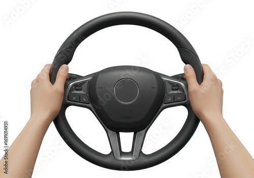 Hands holding a modern steering wheel isolated on transparent background