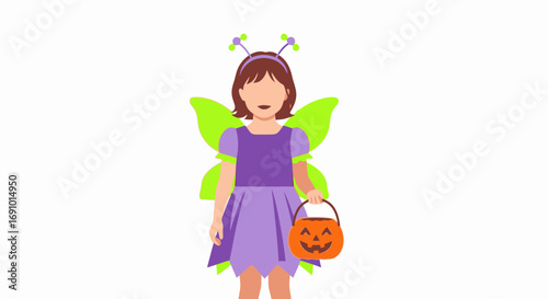 Cute Halloween Girl Costume with Fairy Wings, Purple Dress, Bunny Ear Headband, Green Fairy Wings, and Candy Bucket for Kids, Perfect for Festive Celebrations and Costume Parties