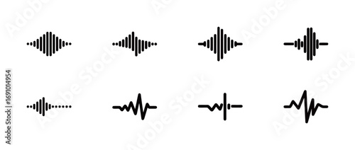 Sound wave icons set. A collection of different audio waves, equalizers, and voice recording symbols for music and technology applications.