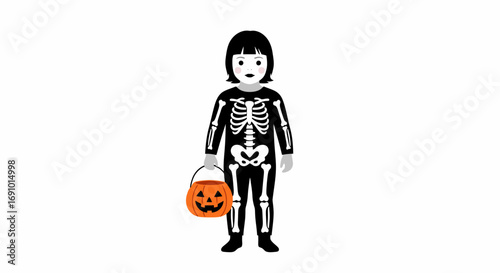 Festive Halloween Girl Costume with Skeleton Design and Pumpkin Basket, Celebrating Pumpkin Halloween Party, Children's Dress Up for Fall Season Celebration, Kid's Holiday Event Apparel