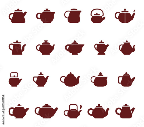 Teapot icons set. A collection of various teapots and kettles in different styles, ideal for tea, beverage, and kitchen-related themes.