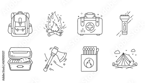 Camping and outdoor adventure line icon set - Collection of outline icons representing camping and outdoor gear including backpack, campfire, first aid kit, flashlight, lunchbox, axe, matches, and ten