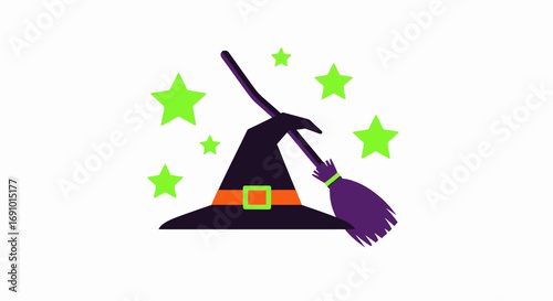 Halloween Witch Hat with Broomstick and Green Stars - Spooky Costume Accessory for Costumes, Festivals, and Themed Events, Featuring a Classic Black Hat with Buckle and a Magic Vibe