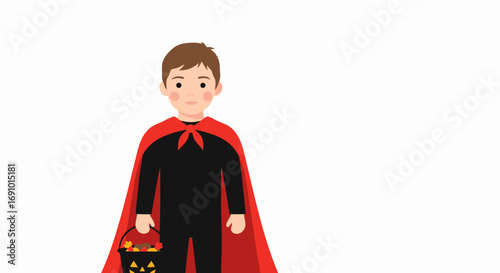 Halloween Child Costume Superhero Boy with Cape and Pumpkin Basket for Trick-or-Treating Celebration Holiday Event and Festive Dress Up