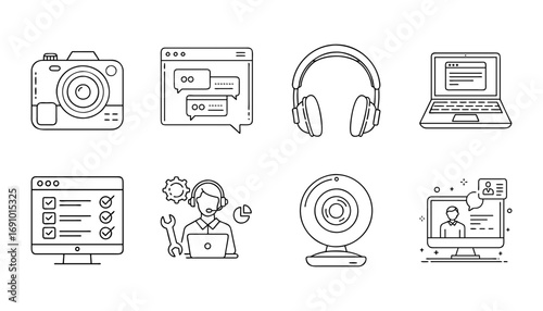 Digital communication and technology line icon set - Collection of outline icons representing digital communication and technology including camera, chat messages, headphones, laptop, online survey