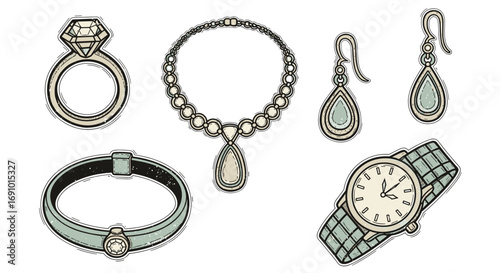 Illustration of a ring necklace earrings bracelet and watch jewelry