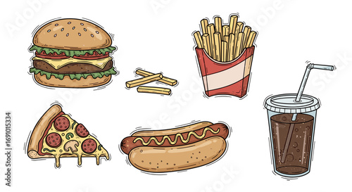 Illustration of various fast food items including burger pizza and fries