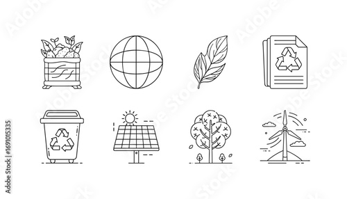 Eco and environment line icon set - Collection of outline icons representing ecology and environmental sustainability including compost bin, globe, leaf, recycling paper, recycling bin, solar panel, t