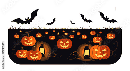 Spooky Halloween Pumpkin Display with Lit Jack-o'-Lanterns Flying Bats Lanterns and Witch Hat on Night Background Perfect for Seasonal Decorations and Festive Celebrations