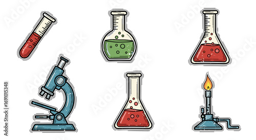 Illustration of laboratory equipment including beakers and microscope