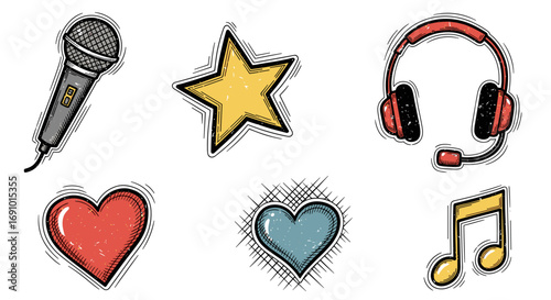 Illustration of microphone star headphones hearts and music note doodles