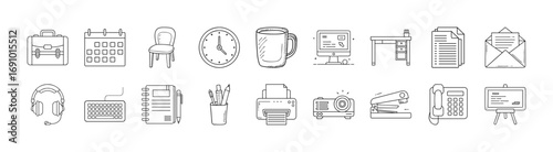 Office supplies and workplace line icon set - Collection of outline icons representing office supplies and workplace essentials including desk, chair, printer, clock, calendar, documents, coffee mug, 