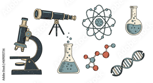 Illustration of science equipment including microscope and dna strand
