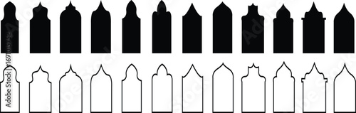 Traditional islamic door and window shapes. Arch window vector set . Arabic muslim architecture design elements, ramadan. Mosque borders or moroccan gates