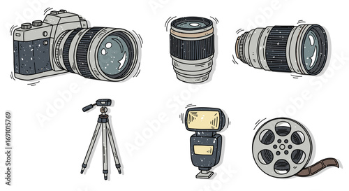 Illustration of camera equipment including camera lens and tripod