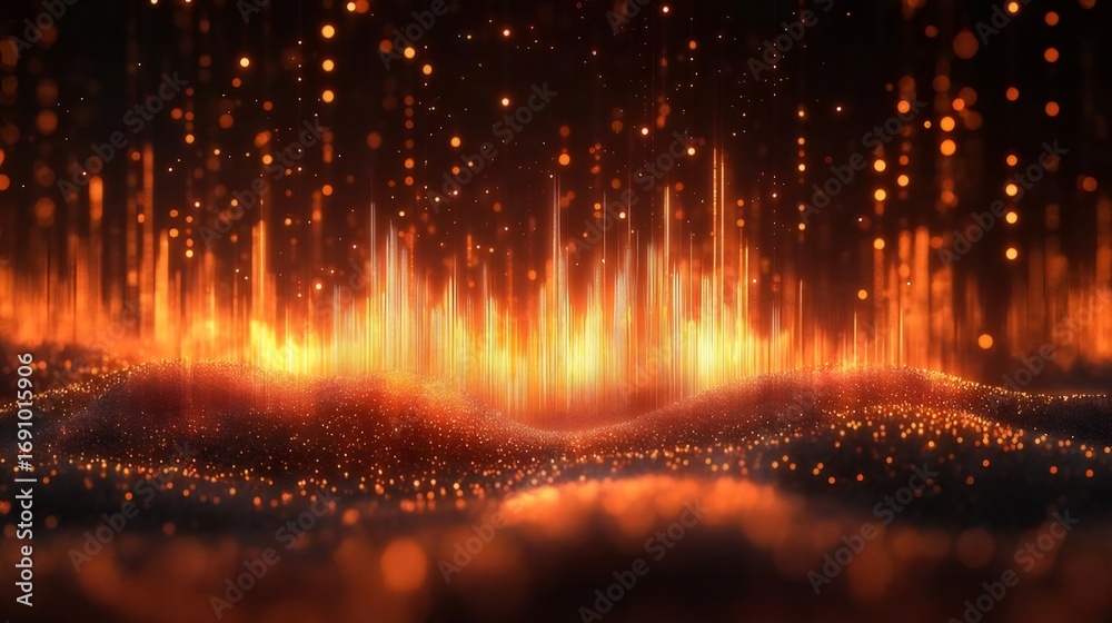 Fototapeta premium Abstract Orange Light Particle Stream Flowing Over Dark Surface Digital Background
