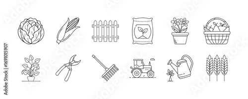 Farming and gardening tools line icon set - Collection of outline icons representing farming and gardening including vegetables, flowers, tractor, rake, watering can, basket, and fertilizer.
