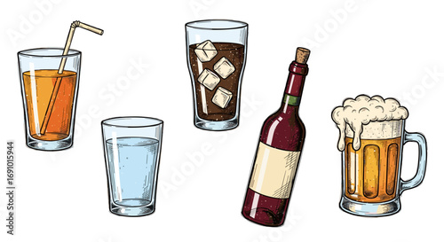Illustration of assorted beverages including juice, soda, water, wine, beer