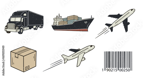 Illustration of transportation methods including truck ship airplane and box