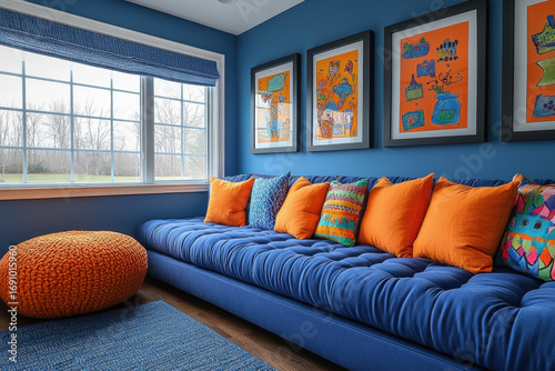 Blue couch with orange pillows on a blue rug.