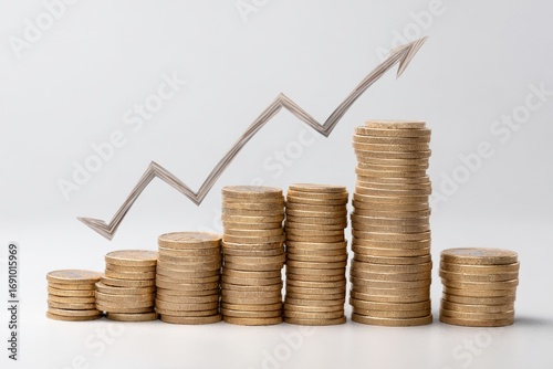Stacks of coins with a rising arrow graph