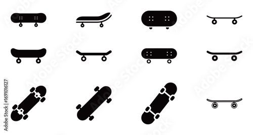 Skateboard vector icon set. Collection of different skateboard designs, perfect for sports, hobbies, and urban lifestyle themes.