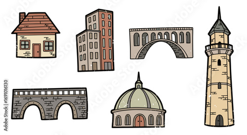 Illustration of various architectural structures including house bridge tower