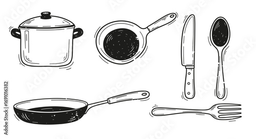 Illustration of kitchen utensils including pots pans and silverware set