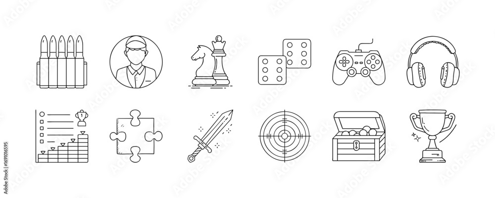 Fototapeta premium Gaming and competition activity line icon set - Collection of outline icons showing gaming and competition elements including chess, domino, video game controller, headphones, trophy, puzzle, and targ
