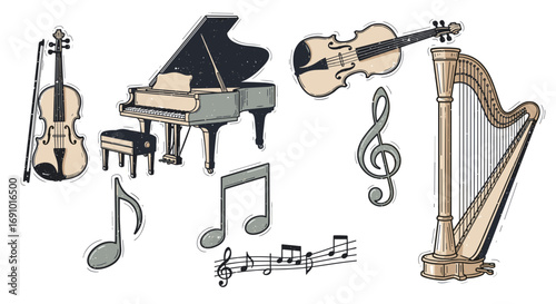 Illustration of various musical instruments and musical notations art
